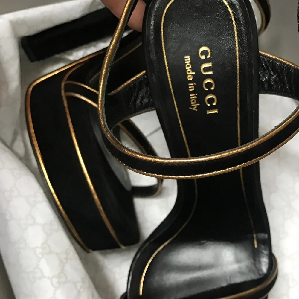 Gucci Black Platform Sandals with Gold Trim - Picture 9 of 13